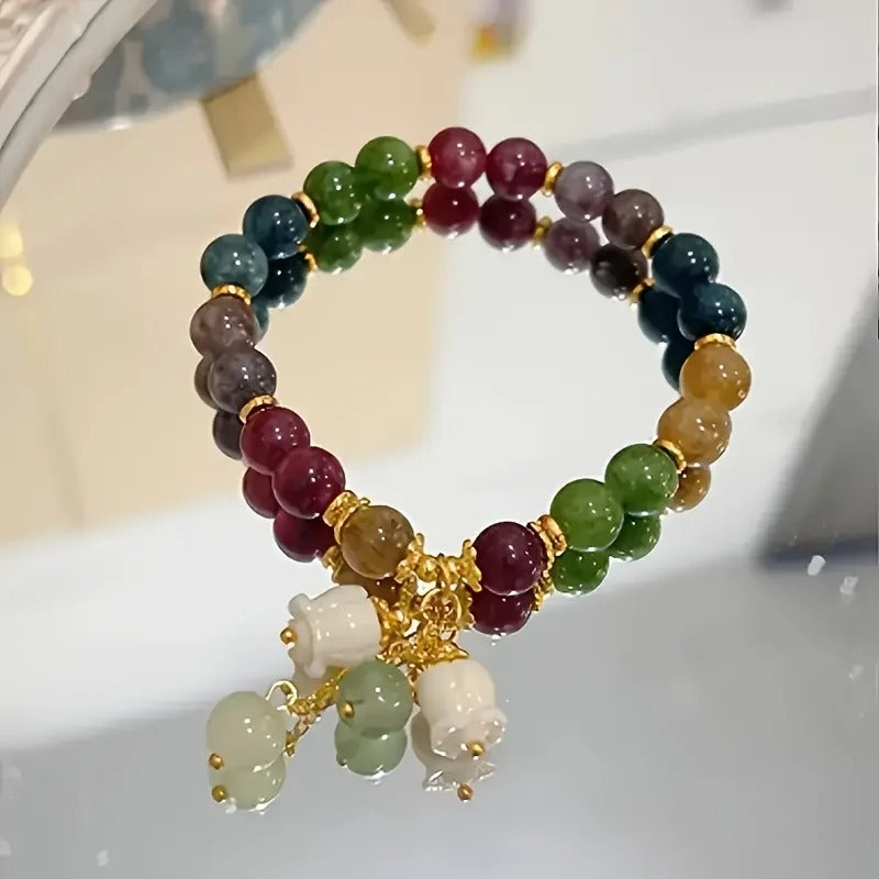 Bohemian Multicolor Beaded Bracelet with Lily of the Valley Charm
