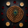 Sacred Rudraksha Mala 108 beads with peacock feather and candle