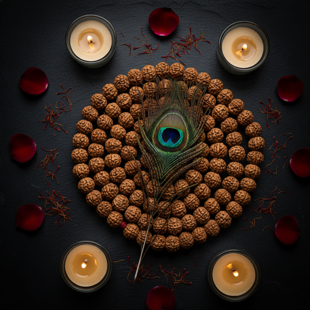 Sacred Rudraksha Mala 108 beads with peacock feather and candle